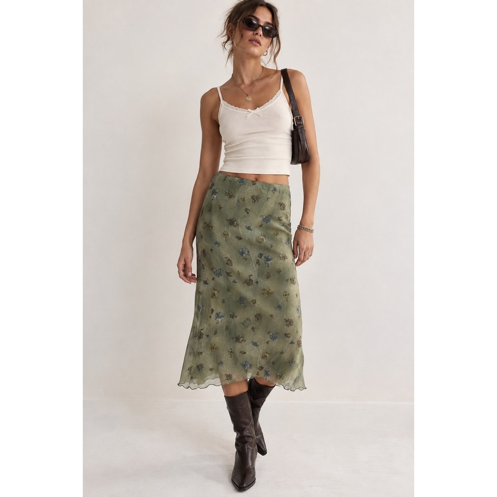 JM Studio Vintage Sage Green Floral Mesh Midi Skirt Medium 90s Y2K Whimsigoth